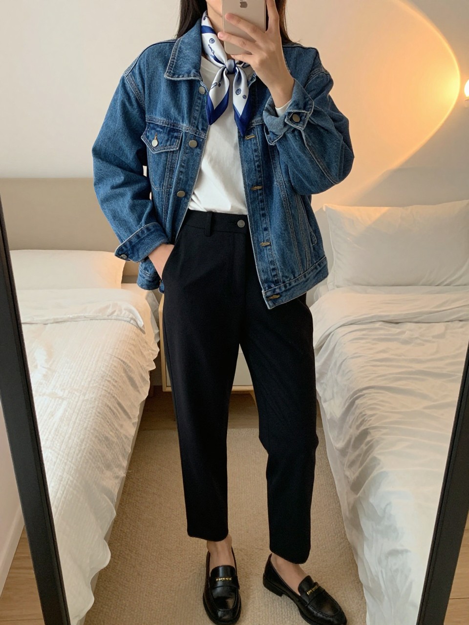 iPhone mirror selfie of a woman in a blue denim jacket over a white shirt with black trousers and loafers, a small silk scarf tied at her neck, standing with one hand in her pocket, phone in the other, cropped at NECK so face doesn't show, in a feminine-themed bedroom, evening golden hour, iPhone photo quality.