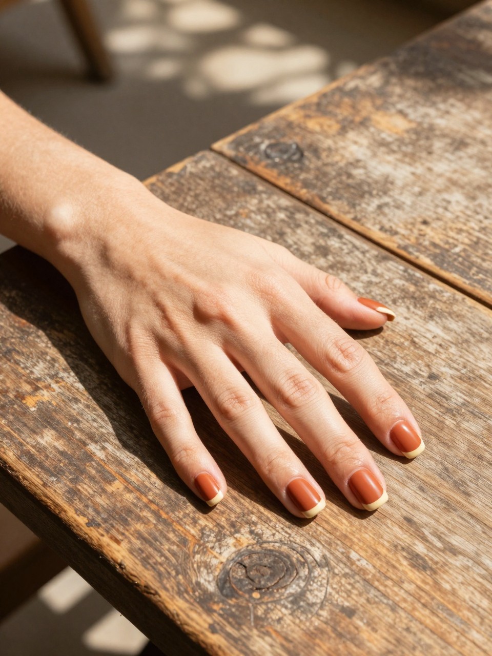 Bird's-eye view of hands resting on a rustic, worn wooden table in a sun-drenched courtyard. The nails are a short square shape in matte terra cotta. A crisp, thin line of cream-colored polish defines each tip. The light is golden and hazy.