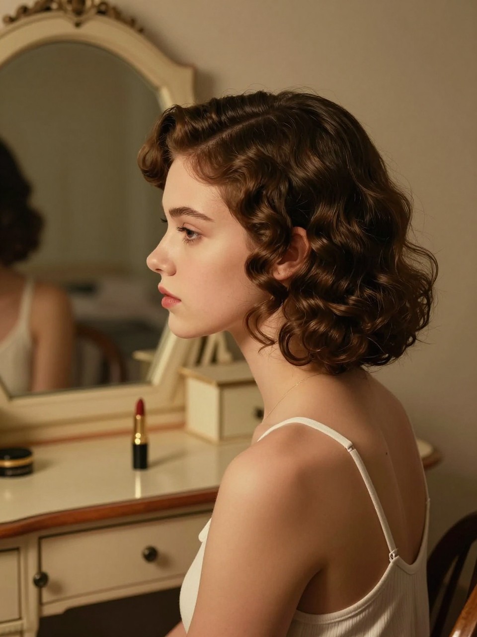 Photo of a teenage girl wearing classic short finger waves, side profile view showing the sculpted S-waves, setting: a bedroom with a vintage vanity and mirror, lighting: warm, dim atmospheric lighting, containing a tube of red lipstick sitting on the vanity, iPhone photo quality.