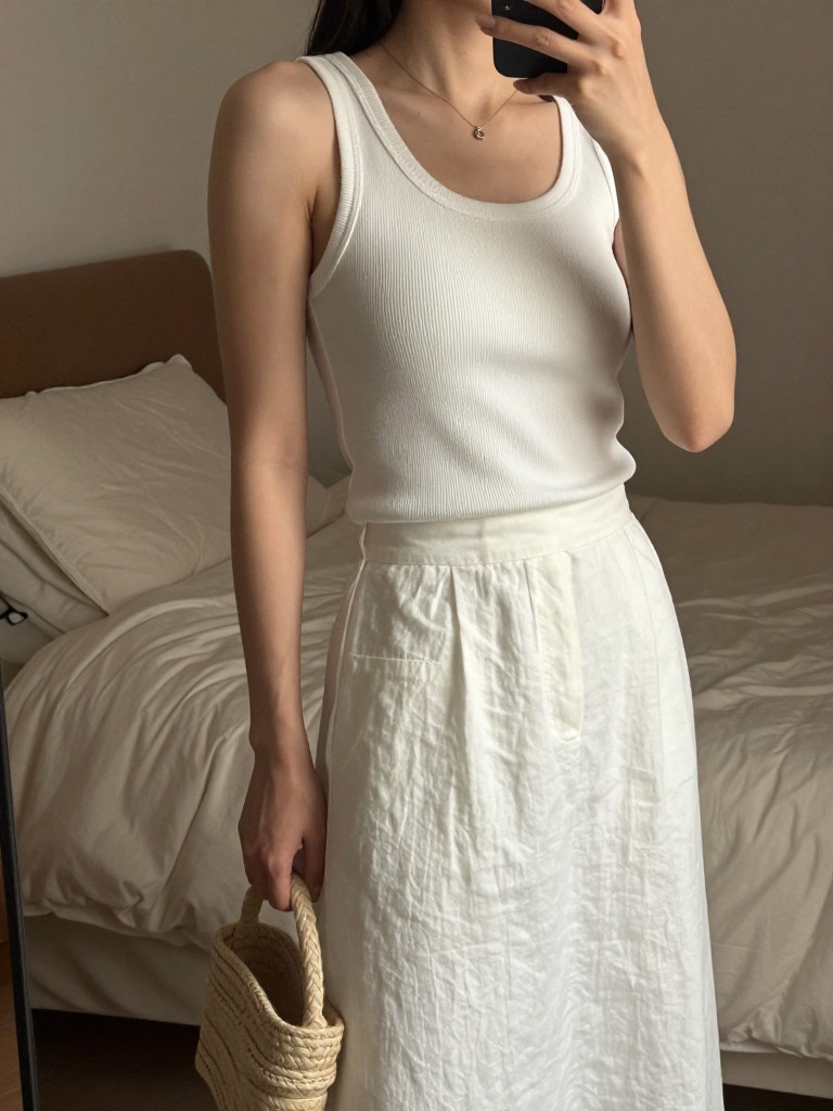 iPhone mirror selfie of a woman in a white ribbed tank and white linen skirt with woven wedges, arm relaxed at side, cropped at NECK so face doesn't show, in a feminine-themed bedroom, warm moody lighting, iPhone photo quality.