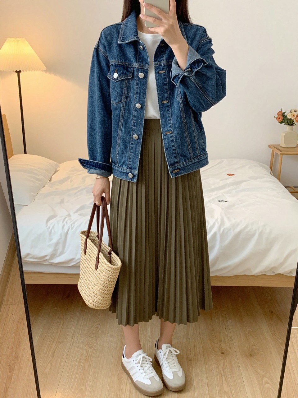 iPhone mirror selfie of a woman in a blue denim jacket over a white tee with an olive pleated midi skirt and white sneakers, holding a woven tote, cropped at NECK so face doesn't show, in a feminine-themed bedroom, evening golden hour, iPhone photo quality.