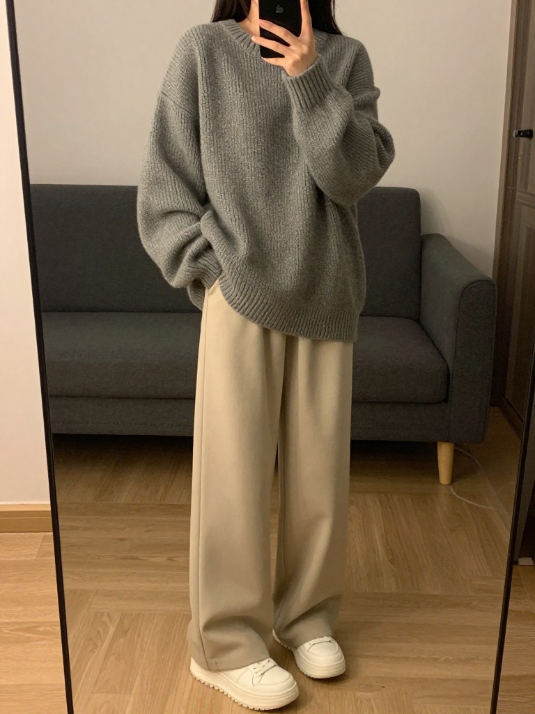iPhone mirror selfie of a woman in an oversized grey sweater and beige wide leg pants with chunky white sneakers, relaxed stance holding phone, cropped at NECK so face doesn't show, in a cozy city apartment, warm moody lighting, iPhone photo quality.