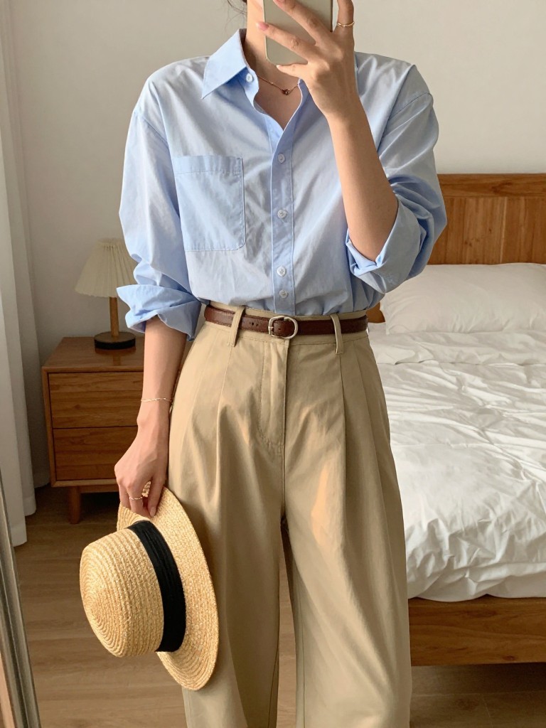 iPhone mirror selfie of a woman in a light blue button-up tucked into beige wide leg pants with a brown belt, holding a straw hat, slight lean, cropped at NECK so face doesn't show, in a feminine-themed bedroom, evening golden hour, iPhone photo quality.