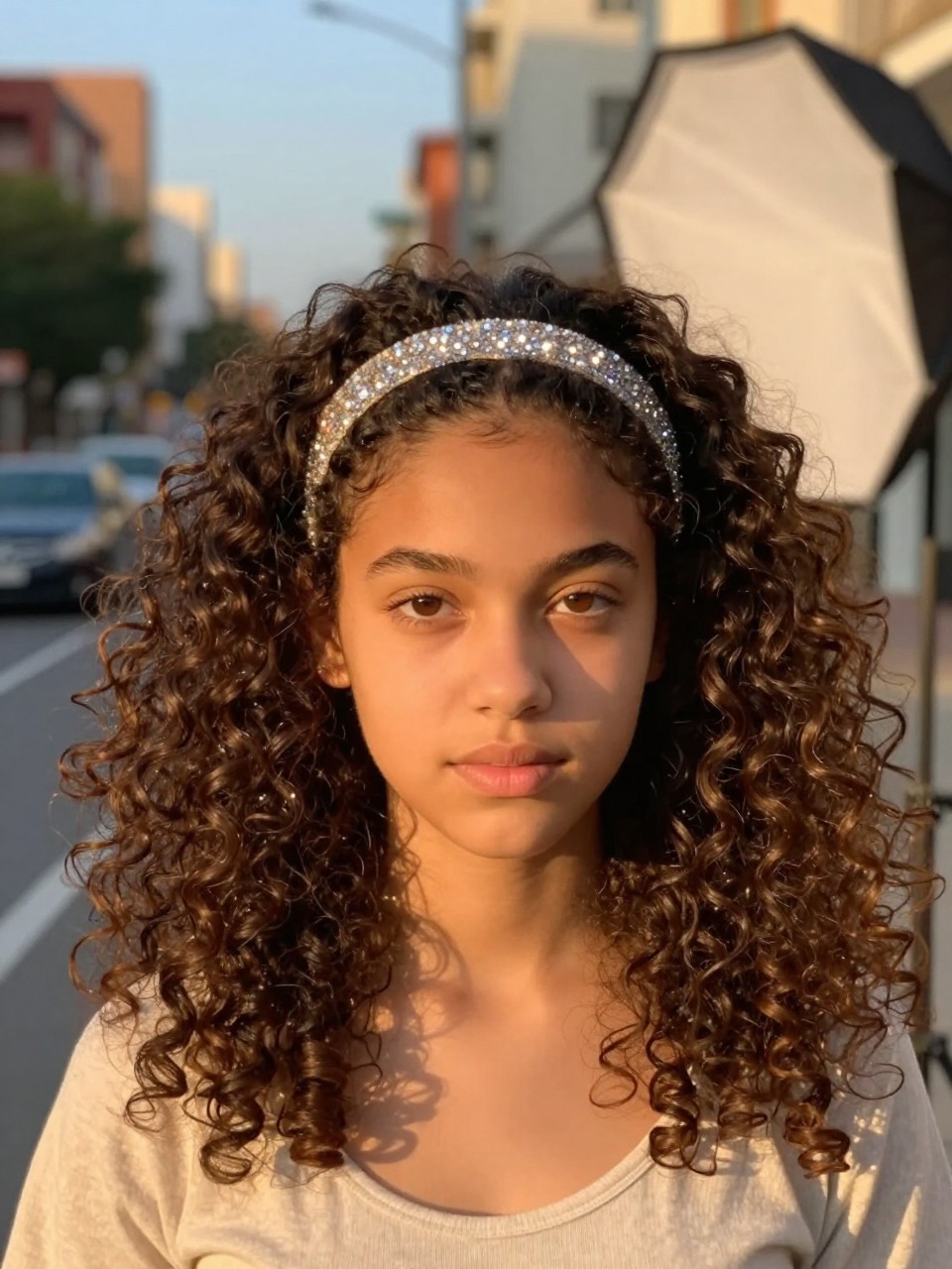 Photo of a girl wearing big volume curls with a sparkly headband, front view showing the headband and full volume, in golden hour lighting against a blurred city street, containing a diffuser attachment visible in the background, iPhone photo quality.
