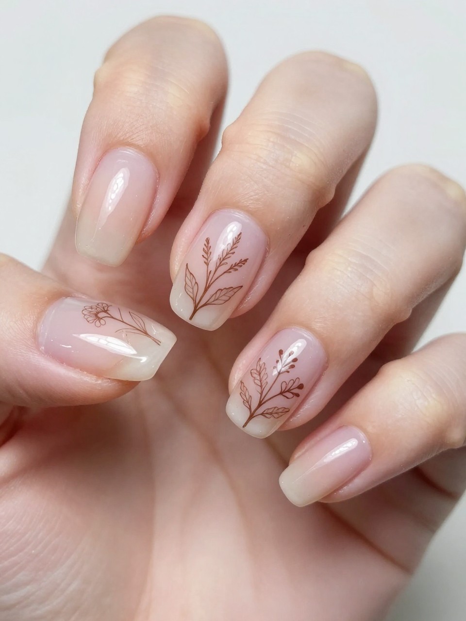 Close-up, overhead view of one hand with natural nails. Under a thick layer of clear gel, precise, single-line brown drawings of botanical specimens are visible. The look is clean, scientific, and incredibly chic.