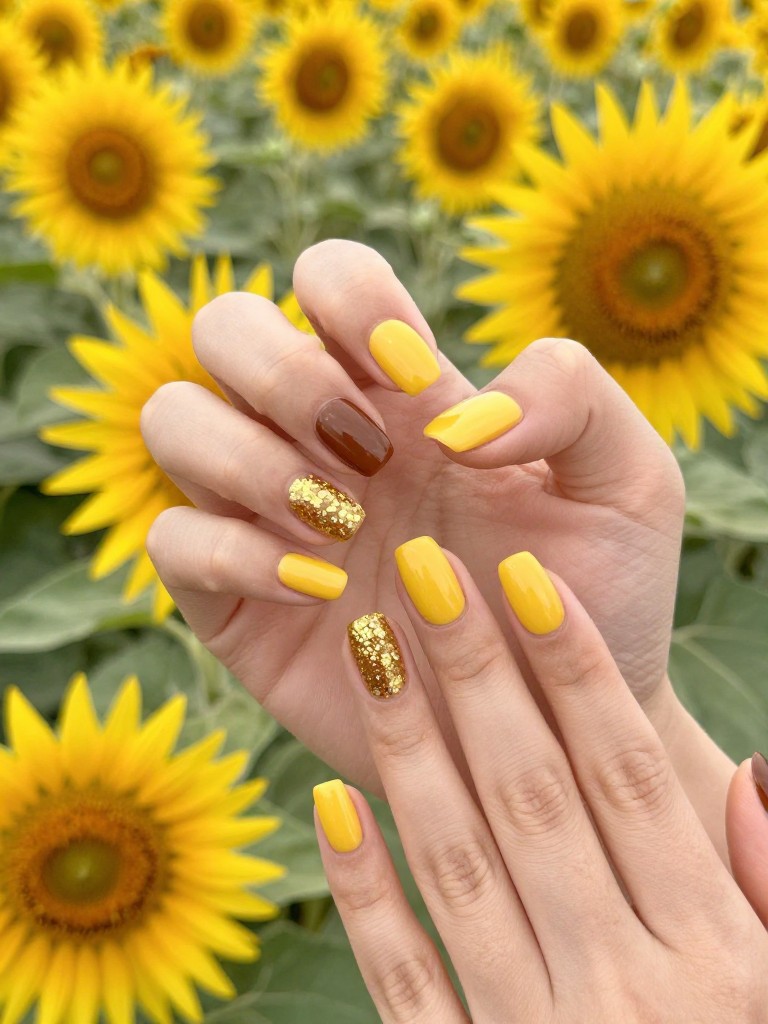  Bird's-eye view of hands in a field of sunflowers. Most nails are glossy yellow. The thumb nails are brown, covered in a textured center with gold flakes, surrounded by emerging yellow gel petals. The design is happy and dimensional.