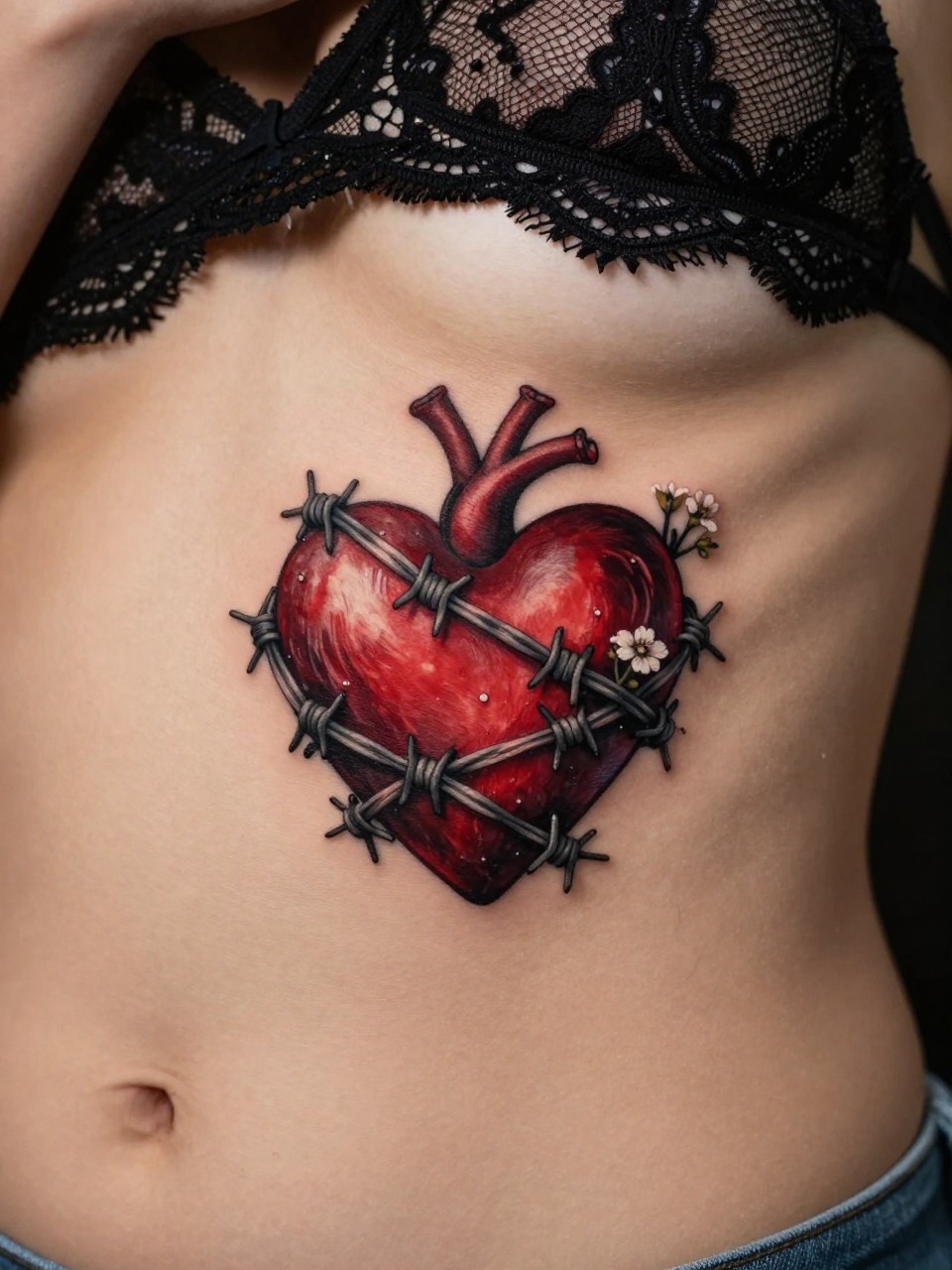 Macro shot of a barbed wire heart tattoo on the ribs. The heart is rendered in deep reds and blacks, wrapped in grey barbed wire with tiny white flowers growing through. She's wearing a black lace bralette. Warm but dramatic lighting, intense and romantic vibe.