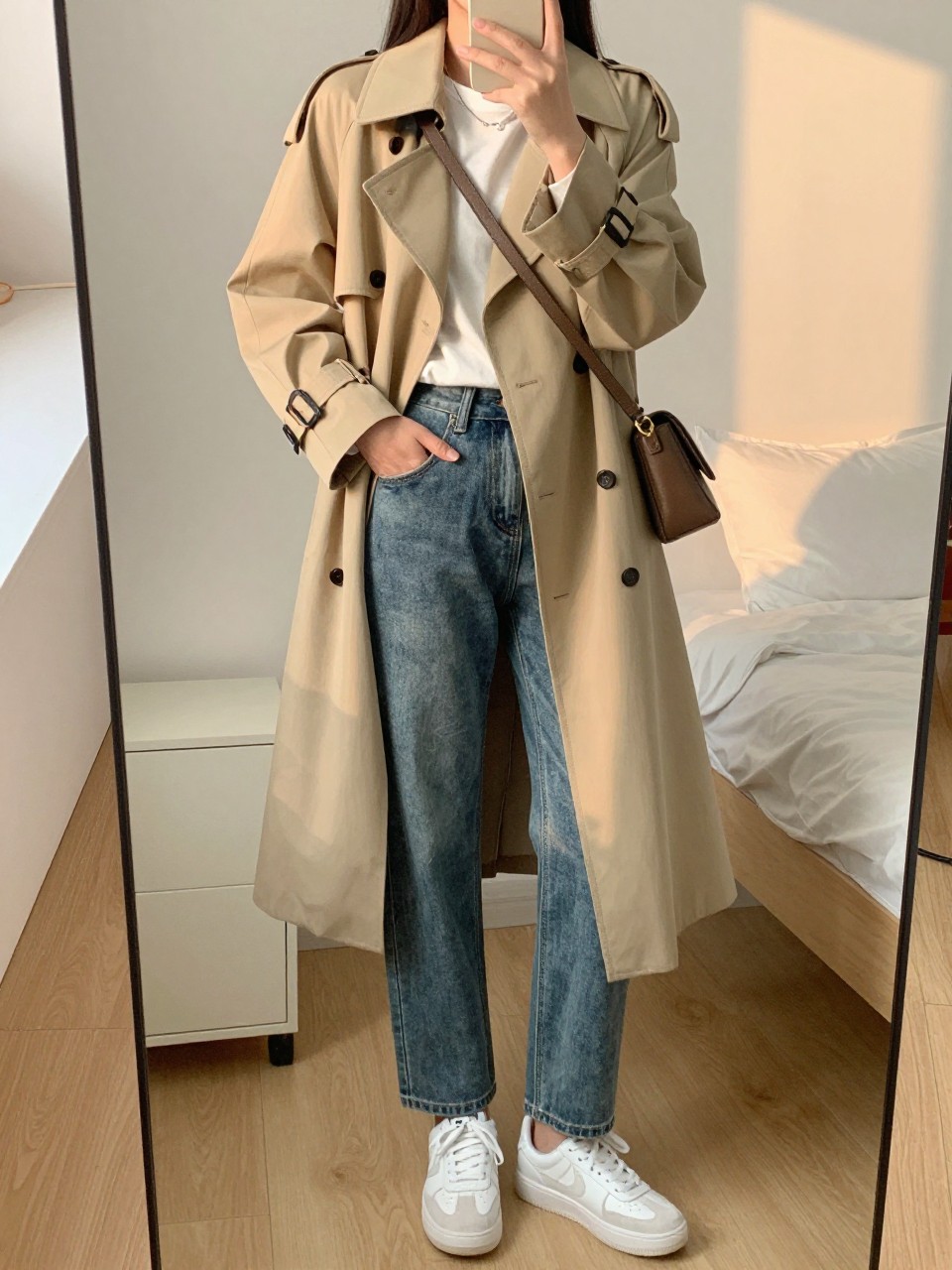 iPhone mirror selfie of a woman wearing the beige trench coat open over a white tee and straight-leg jeans with white sneakers, holding a crossbody bag, posed casually with her hand in her pocket, cropped at NECK so face doesn't show, in a feminine-themed bedroom, evening golden hour, iPhone photo quality.