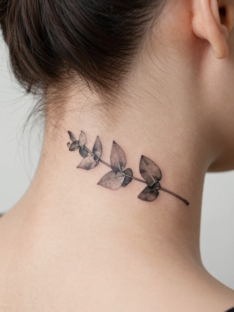  "Close-up of a small, finely detailed eucalyptus sprig tattooed horizontally along the hairline of a woman. The leaves are shaded with subtle greywash, lying flat against bare skin with perfect clarity. make it look very natural and realistically drawn on the back of the neck
