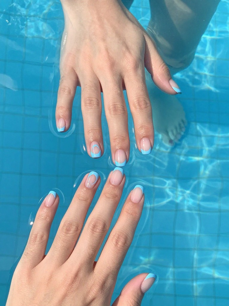  Top-down view of hands with fingertips gently touching the surface of a swimming pool. The nails have a sheer base with French tips painted in a wavy, shimmering light blue line. The water distorts the reflection.