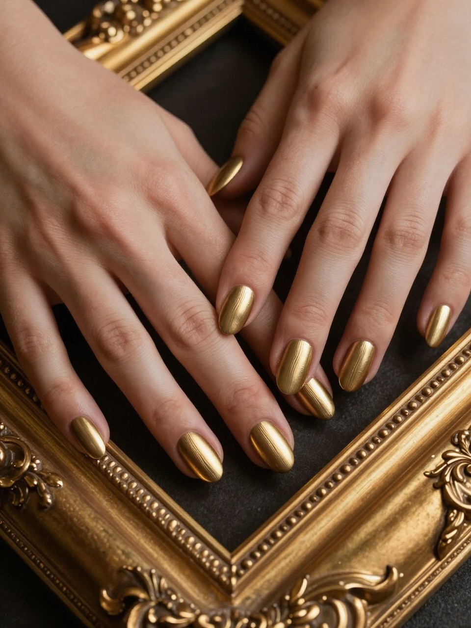 Overhead shot of hands resting on an ornate, gilded picture frame. The nails are an oval shape in a brushed, antique gold. A subtle, linear engraved pattern is visible on each nail. The light is low and dramatic, highlighting the texture.