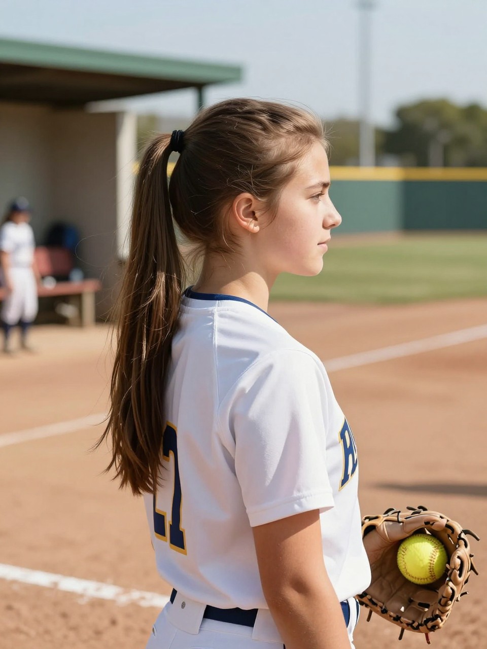 Photo of a girl wearing a high ponytail on a softball field, side profile view showing the height and smooth finish, in bright afternoon sunlight with a dugout in the background, containing a softball glove on her hand, iPhone photo quality.