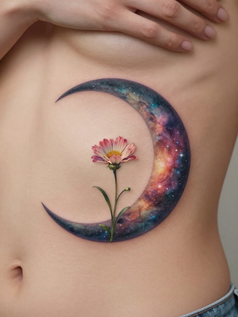 Extreme close-up of a half-moon tattoo on a woman's ribcage, sliced open to reveal a tiny blooming flower and swirling galaxies inside. Soft, artistic lighting with a touch of warmth. Surreal and beautiful.
