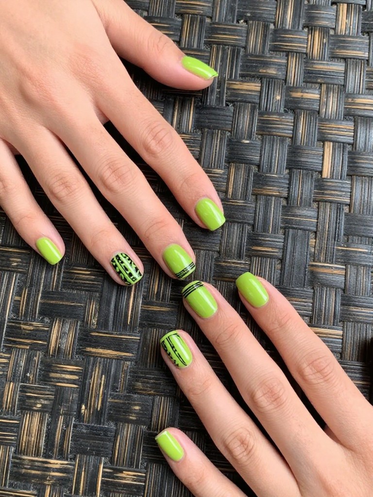 Overhead shot of hands with Lime Green with a Black Tribal Print nail set on a dark, woven bamboo table mat. The short, square nails are a bright, glossy lime green. A thin, black geometric tribal pattern runs vertically along the outer edge of each nail. The contrast is sharp in the clear daylight.