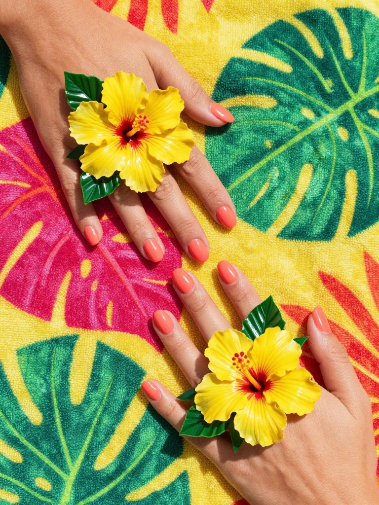 Overhead shot of hands on a vibrant, tropical print beach towel. The gel nails are a glossy coral. Each ring finger features a large, painterly yellow hibiscus with a red stamen and glossy green leaves. The colors are saturated and joyful under the sun.