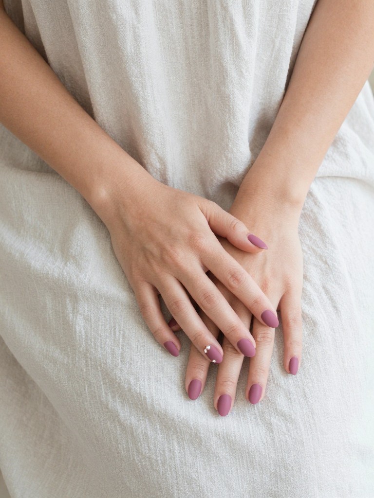 Bird's-eye view of hands draped over a linen sundress on a sunbed. The nails are an oval shape in a matte dusty rose. A tiny pearl sits at the cuticle of each ring finger. The light is soft and hazy.