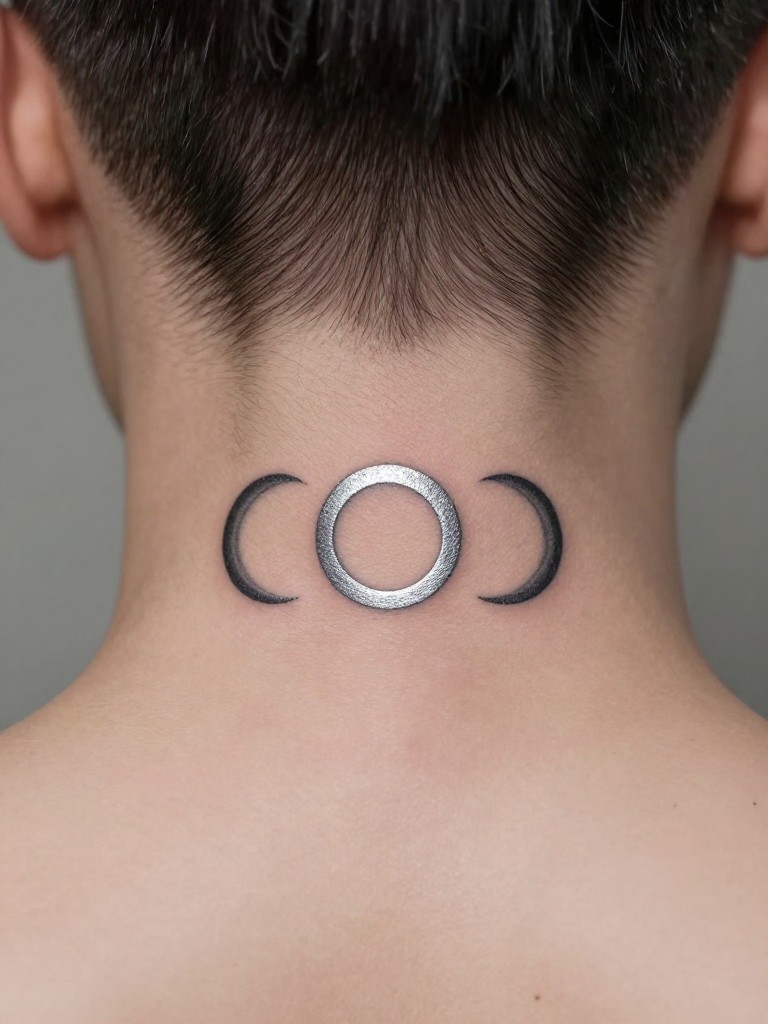 "Macro shot of the triple moon symbol tattoo on the back of the neck. The lines are clean and sacred. The skin is smooth, with the hair shaved into an undercut to frame it. Silvery, mystical light."