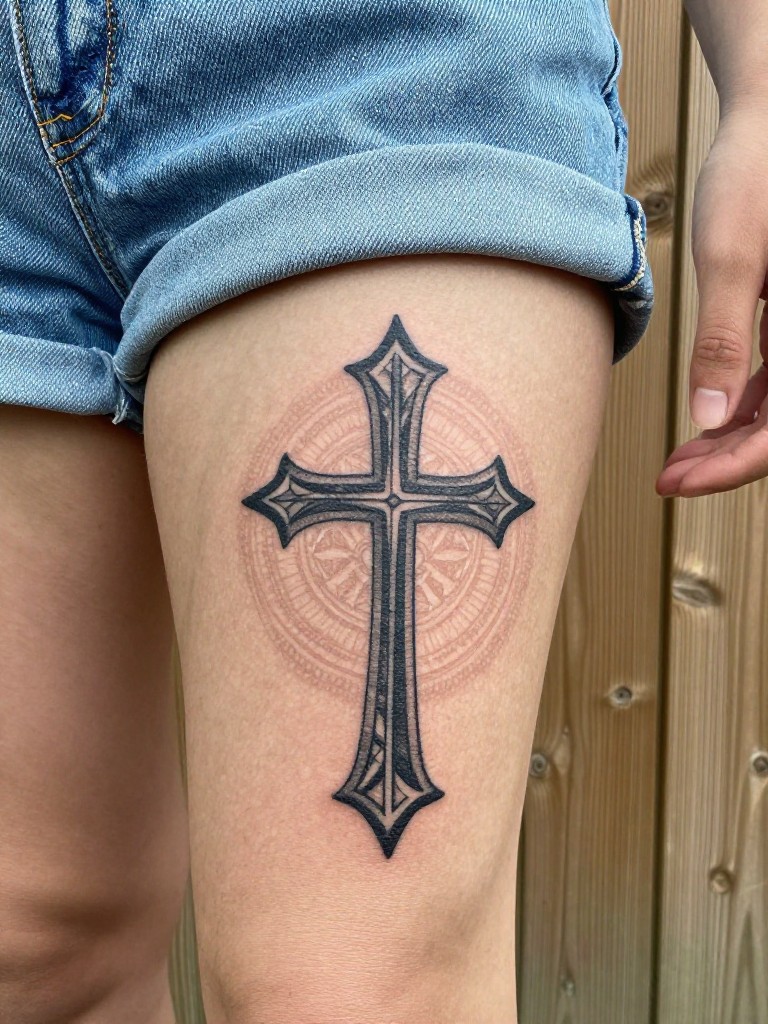 Macro shot of a gothic cross tattoo layered over a faded, circular ornamental shield on the outer thigh. The person is wearing light-wash denim shorts. The background is a sun-dappled wooden fence. Casual and artistic."