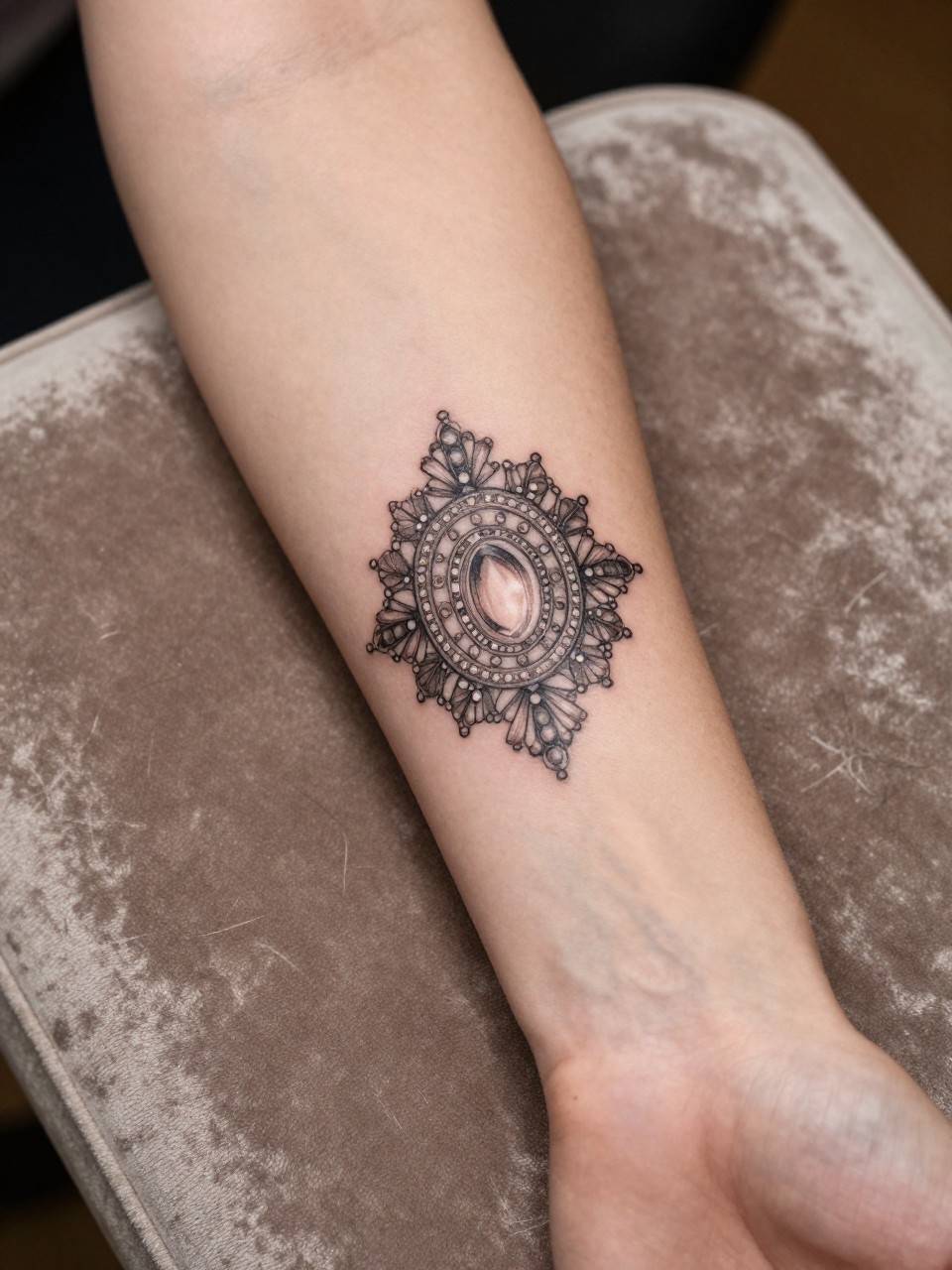 Image Prompt: "Extreme close-up of a jeweled tattoo on a forearm. The arm rests on a velvet cushion. Warm, focused light."