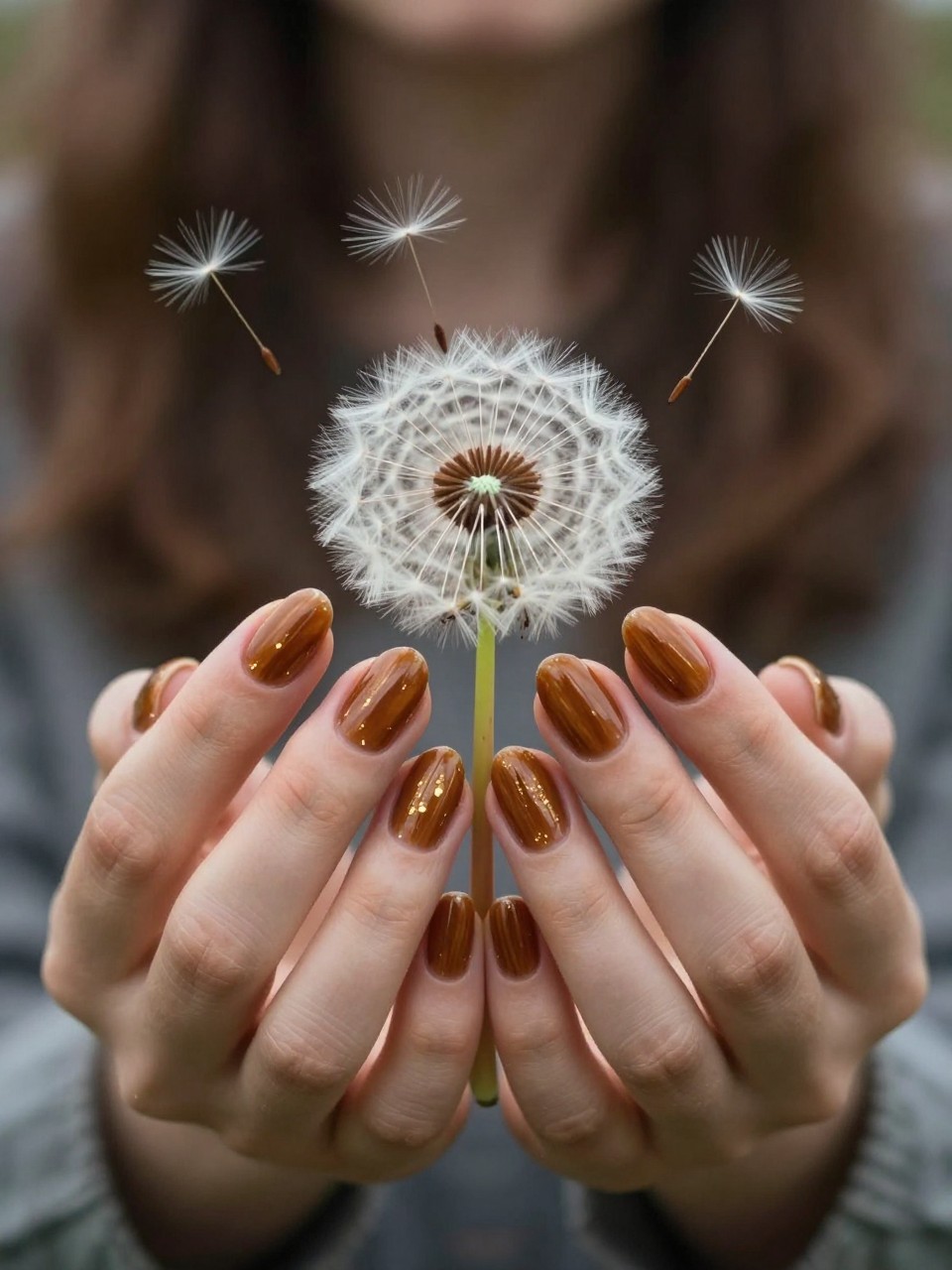 Top-down view of hands as if blowing a dandelion. The nails are a glossy toasted almond. Brown dandelion seeds float across each nail, with a few catching the light as gold flecks. The mood is dreamy and light.