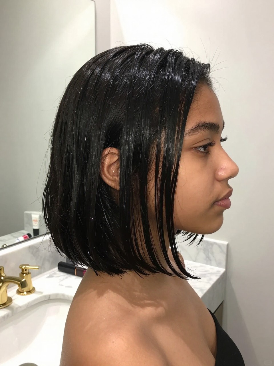Photo of a interacial teenage girl wearing a wet look bob, side profile view showing the sleek, glossy finish, setting: a bathroom with marble countertops and gold fixtures, lighting: bright, cool bathroom lighting, containing a tube of lipstick lying next to the sink, iPhone photo quality.