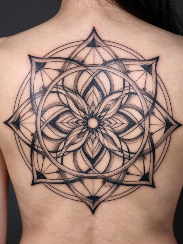 "Extreme close-up of intersecting circles and lines from a large geometric tattoo on the upper back. The pattern is complex, precise, and perfectly symmetrical, looking like an etched mandala."