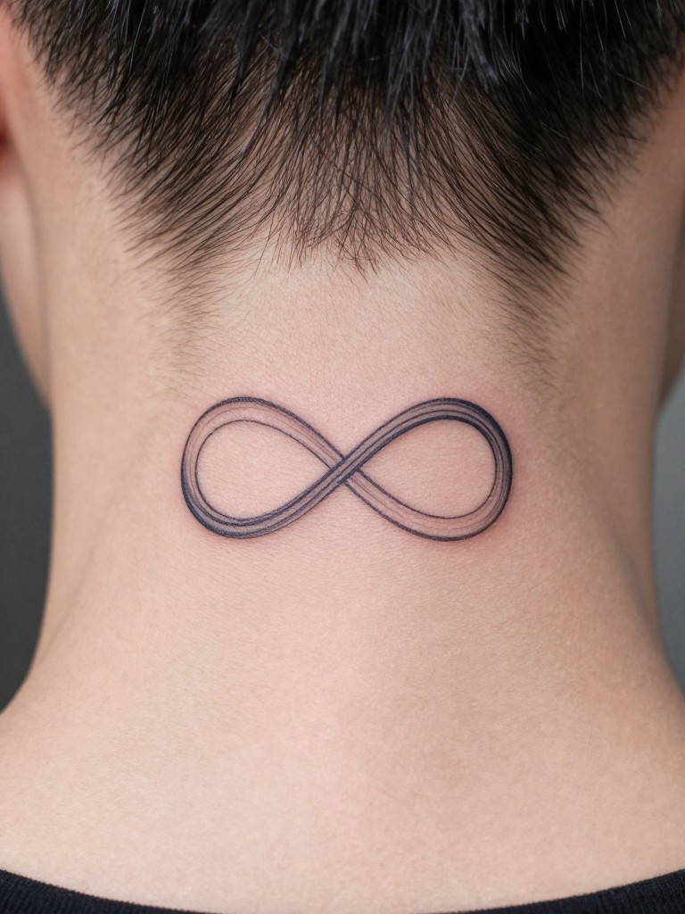  "Extreme close-up of a delicate, horizontal infinity symbol tattoo centered on the nape. The loops are perfectly symmetrical, rendered in a single, unbroken hair-thin line."