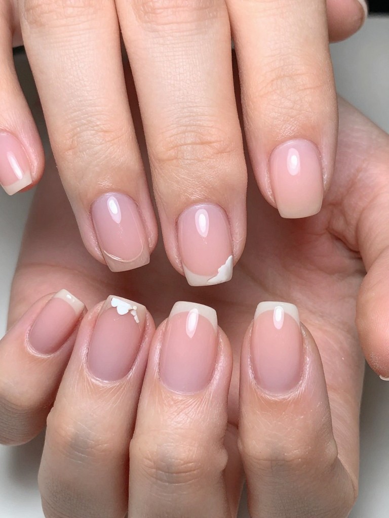 Extreme close-up, bird's-eye view of hands with natural short nails. The nails have a sheer blush tint. A single, tiny white shell fragment is affixed to each ring finger. The focus is on the delicate detail against the sheer pink.