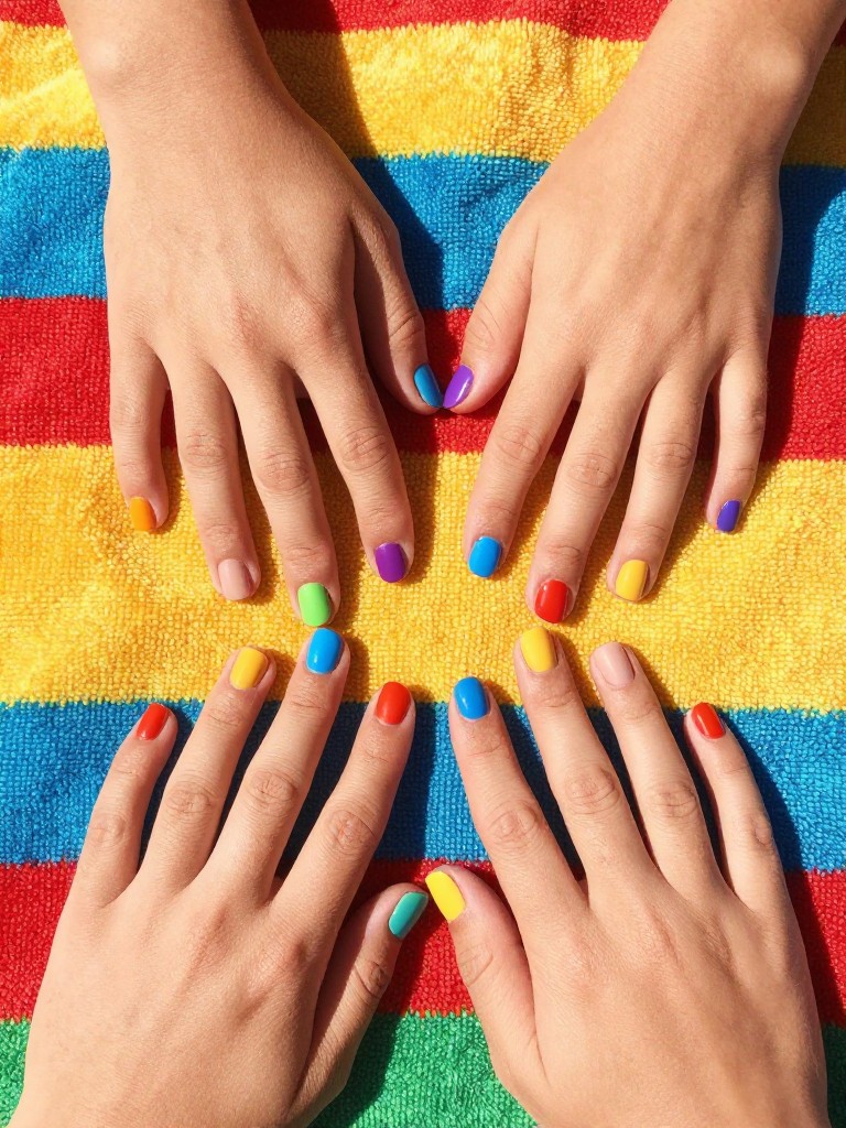 Bird's-eye view of hands draped over a colorful, striped beach towel. Each short, rounded nail is a different solid, matte bright color of the rainbow. A tiny gap of bare nail at the cuticle acts as a clean separator. The overall effect is joyful and bold in the bright sun.
