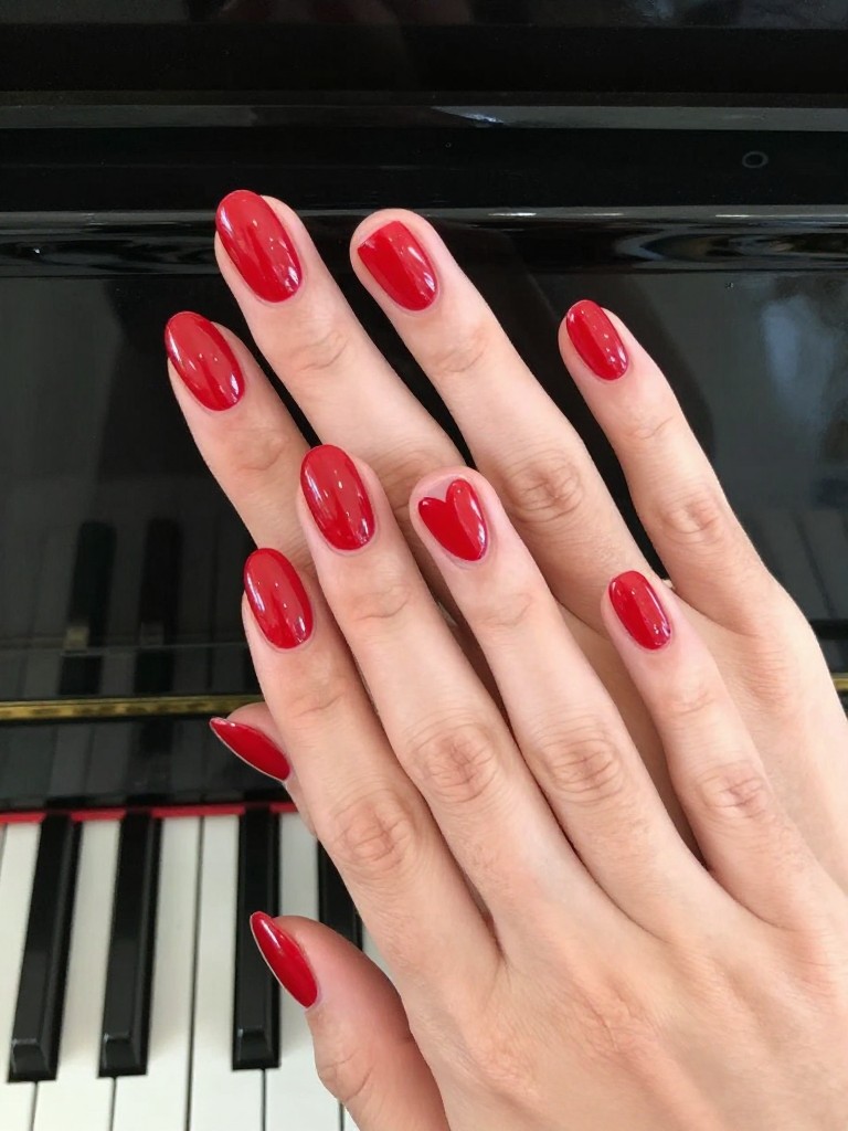 Bird's-eye view of hands with classic oval nails resting on a lacquered black piano. The nails are a flawless, glossy opera red. On each ring finger, a solid red heart is painted, but a barely-visible sliver of the glossy base color outlines it, creating a "trapped" floating effect. Elegant, direct lighting shows the glossy depth. The feel is luxurious and artistic.