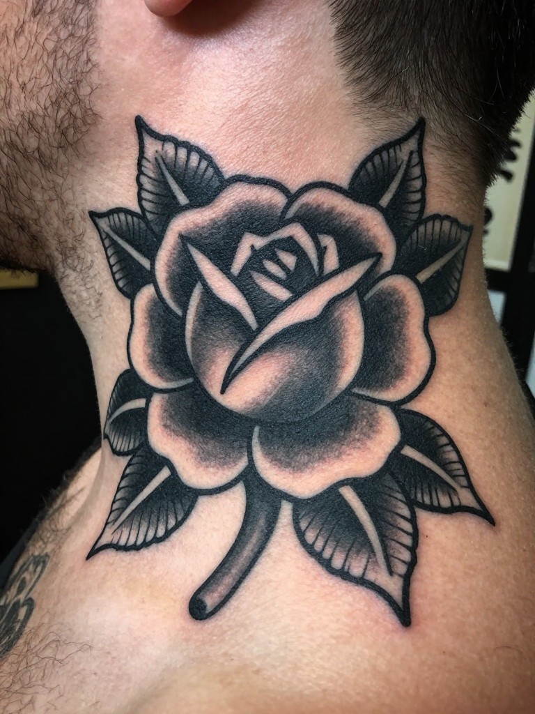 Close-up of a traditional black and grey rose tattoo on the side of a man's neck. The bold outlines and heavy shading are the focus. slightly gritty lighting that gives it an old-school tattoo shop feel.