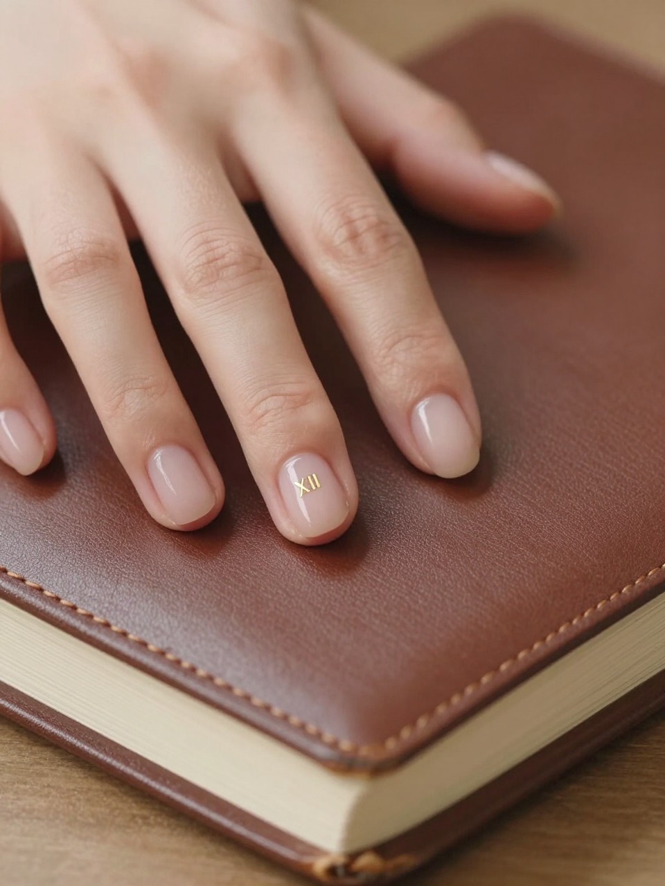 Close-up, overhead view of hands lightly touching the pages of a leather-bound journal. The natural, oval nails have a sheer nude gloss. The ring fingers show a tiny, precise gold Roman numeral "XIII." The focus is intimate and detailed.