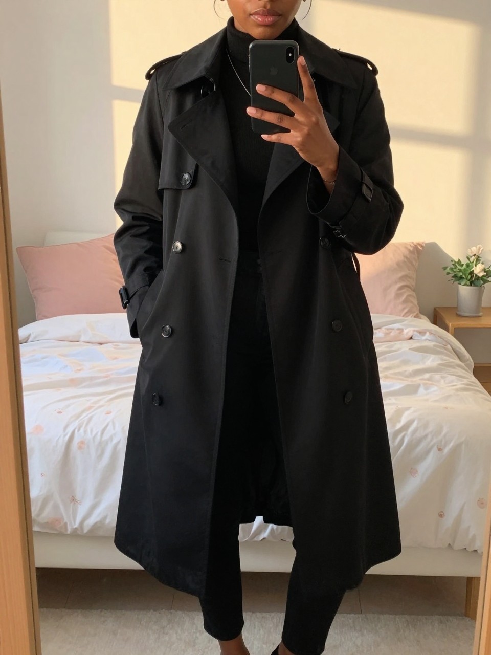 iPhone mirror selfie of a Black woman wearing a black trench coat over an all-black outfit, posed with one hand holding her phone and the other in her pocket, cropped at NECK so face doesn't show, in a bright feminine-themed bedroom, evening golden hour light, iPhone photo quality.