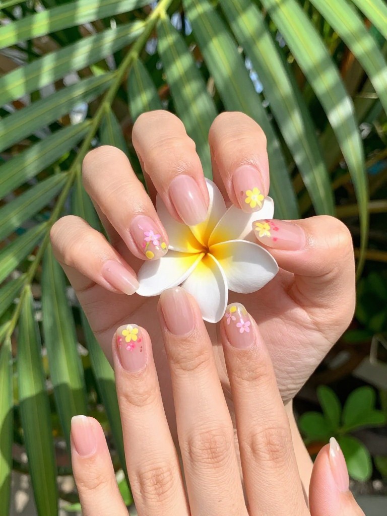 Close-up, bird's-eye view of hands with natural oval nails, a fresh plumeria blossom tucked between fingers. The nails are clear and glossy. Small, colorful floral decals in pink and yellow are placed randomly on a few nails. Dappled sunlight comes through palm leaves above.