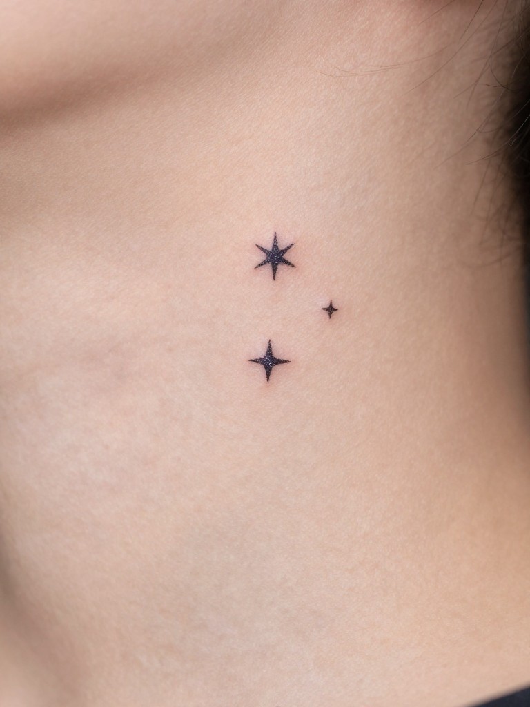 "Macro shot of three tiny, five-point star tattoos of varying sizes, scattered at random along the nape. One star has a slight sparkle effect. Plain background to emphasize the delicate scatter."