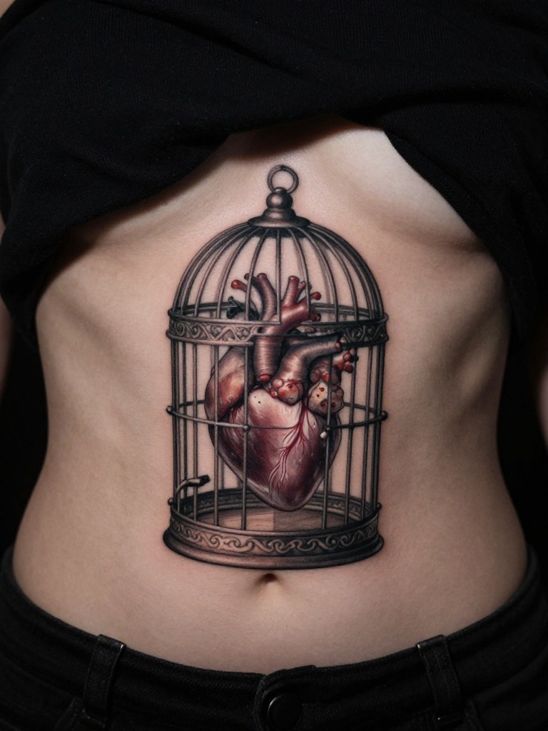 Close-up of a realistic heart inside an ornate birdcage tattoo on a woman's ribs, the cage slightly open with delicate bars. She wears a soft black top. Moody, artistic lighting with deep shadows.