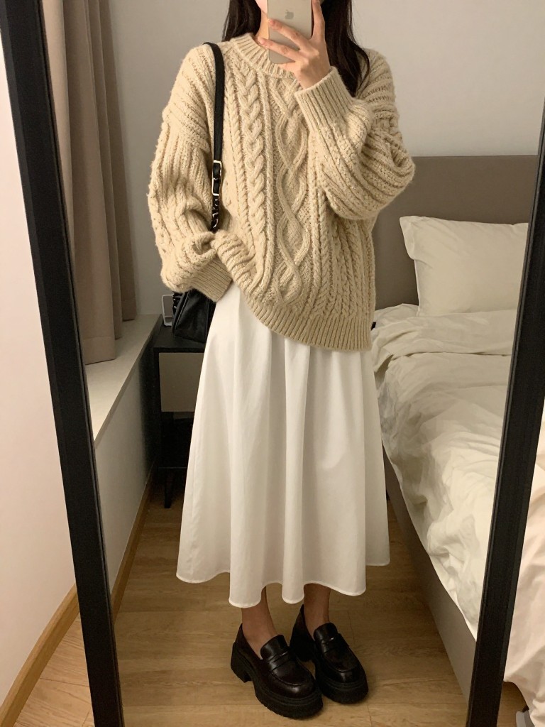 iPhone mirror selfie of a woman in an oversized cable-knit sweater over a white midi skirt with platform loafers, hands in sweater pockets, in a feminine-themed bedroom, warm moody lighting, iPhone photo quality.