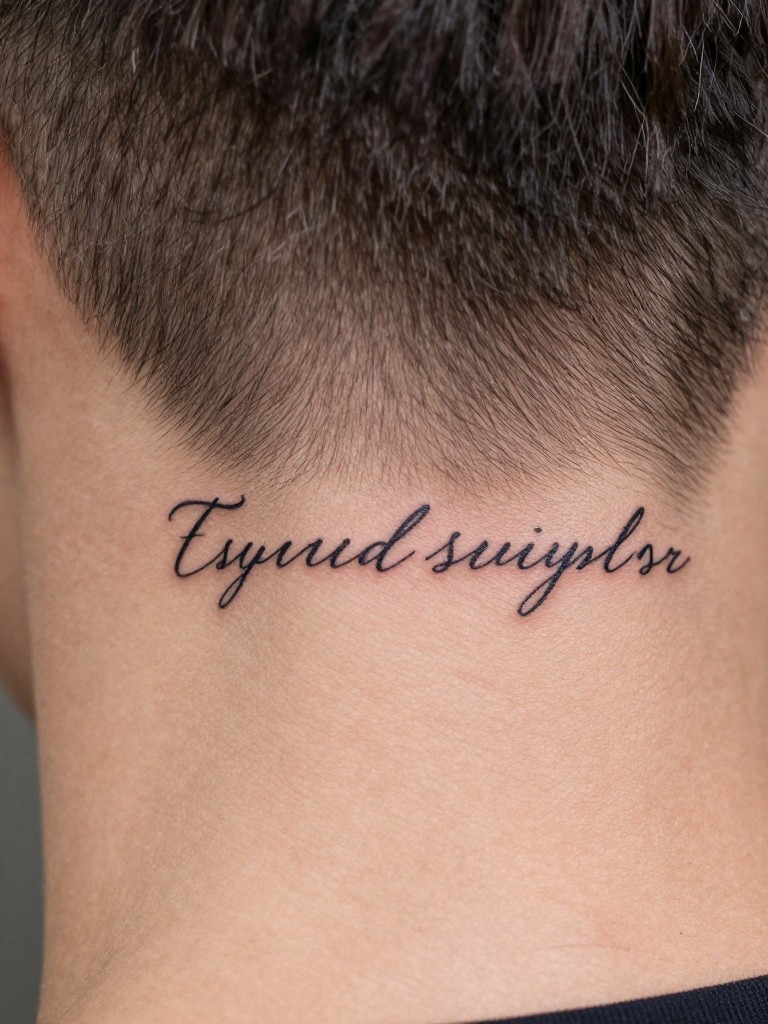 "Extreme close-up of a single, finely scripted word tattooed along the hairline at the back of the neck. The letters are delicate and connected. The image is tightly cropped, making the script the entire focus."