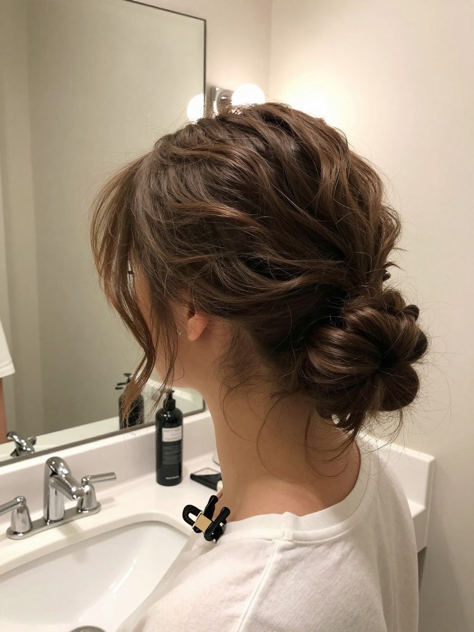 Photo of an american girl wearing a textured low bun, side profile view highlighting the loose, voluminous shape of the bun, in a bathroom with a vanity mirror reflecting soft indoor lighting, containing a hair clip clipped to her collar, iPhone photo quality.