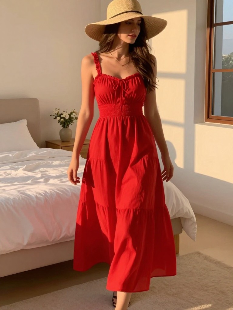 Full photo of a woman in a red maxi dress and sun hat, walking slightly, cropped at the neck so face doesn't show, in a feminine-themed bedroom, evening golden hour lighting, iPhone photo quality.