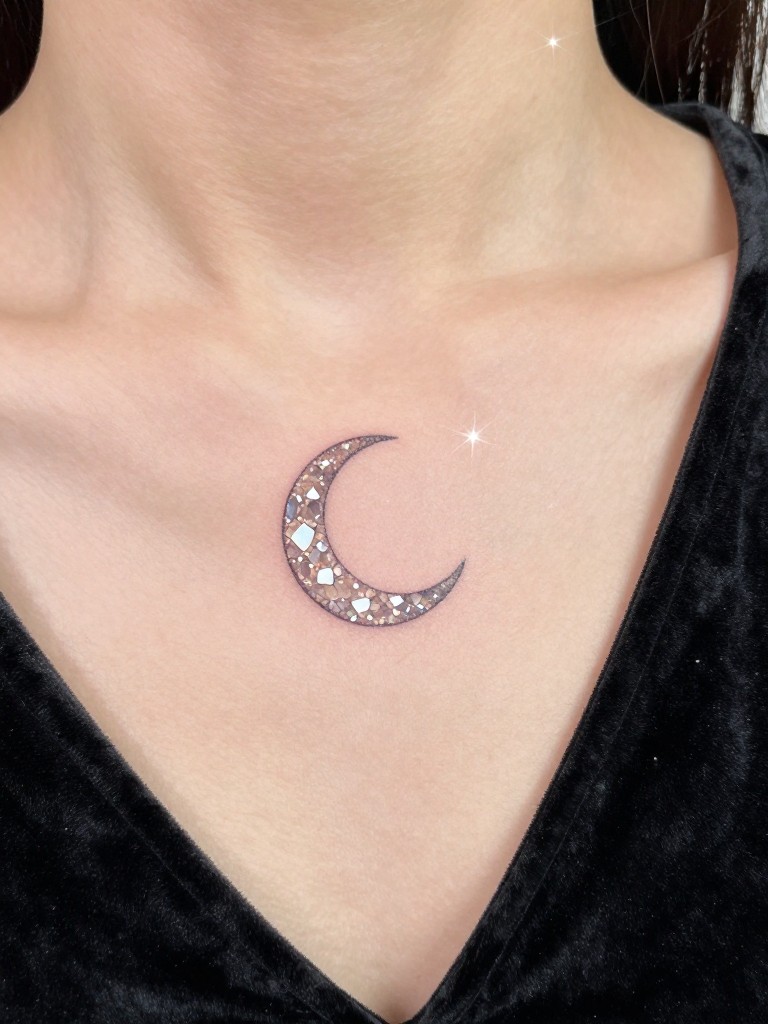 Extreme macro close-up of a crescent moon tattoo on a woman's collarbone, designed to look like a faceted crystal with soft shimmering highlights. She wears a black velvet top. Bright, clean light with sparkle effect.