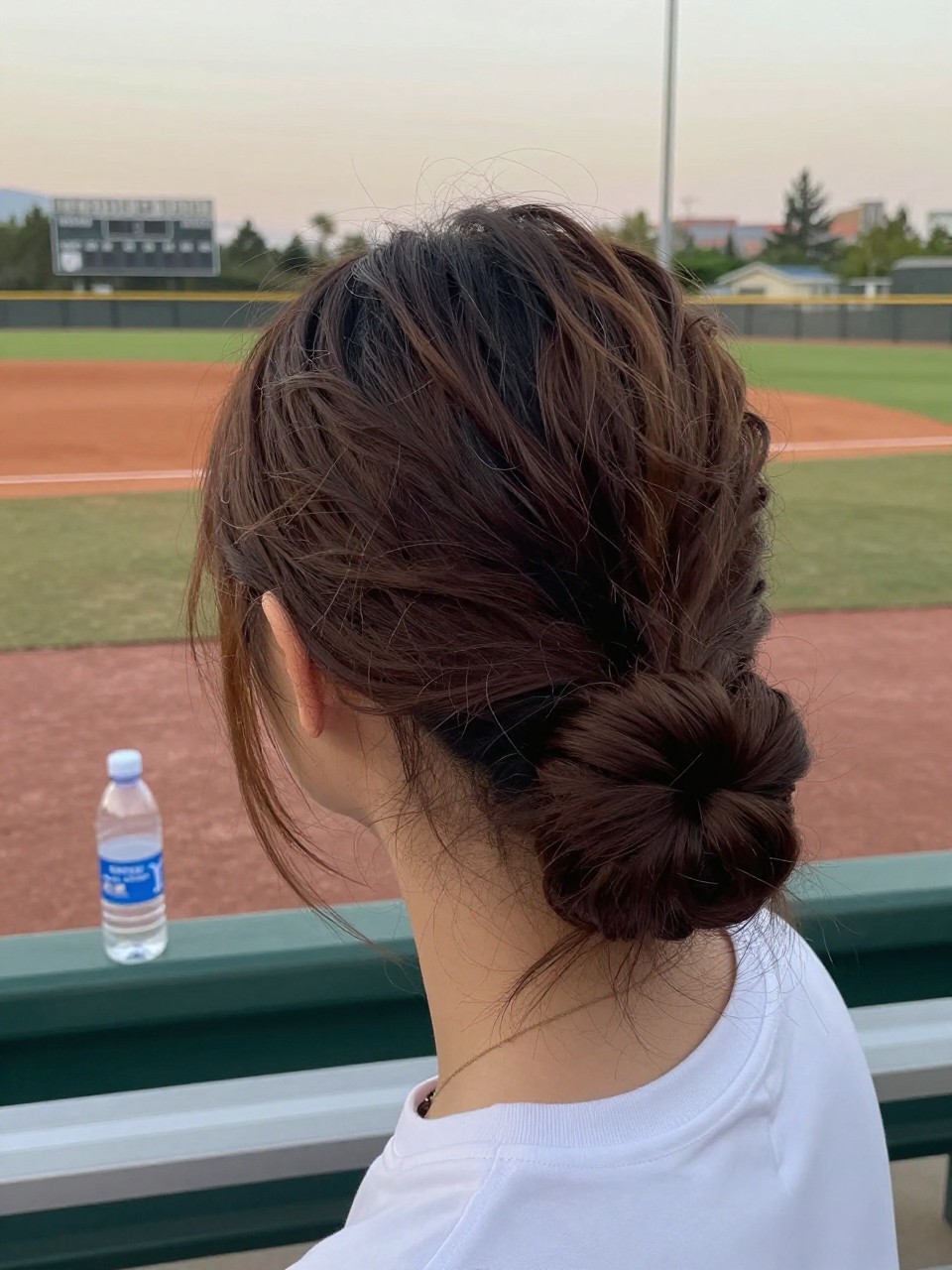 Photo of a girl wearing a low messy bun on a softball field, back-of-head view showing the bun placement, in soft evening light with a scoreboard in the background, containing a water bottle on the bench, iPhone photo quality.
