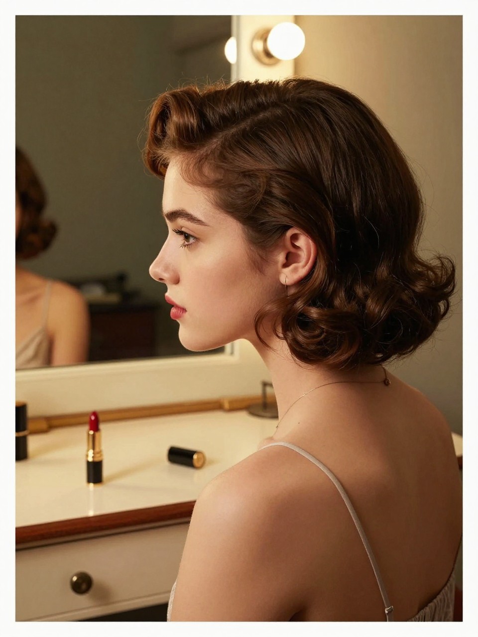 Photo of a american teenage girl wearing a vintage roll on a bob, side profile view showing the sculpted roll, setting: a room with a vintage vanity and mirror, lighting: warm, dim atmospheric lighting, containing a tube of red lipstick sitting on the vanity, iPhone photo quality.