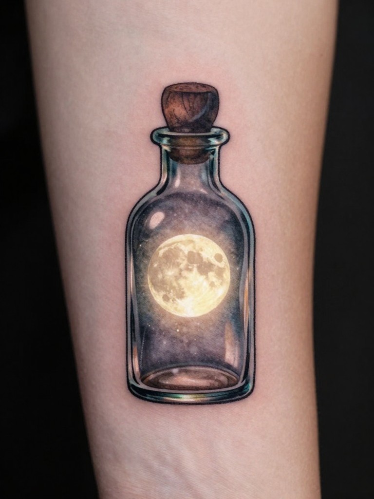 Macro shot of a tattoo on the inner arm showing a tiny glowing full moon inside a detailed old-fashioned glass bottle. The glass has realistic highlights. Soft, warm light with a faint glow effect.