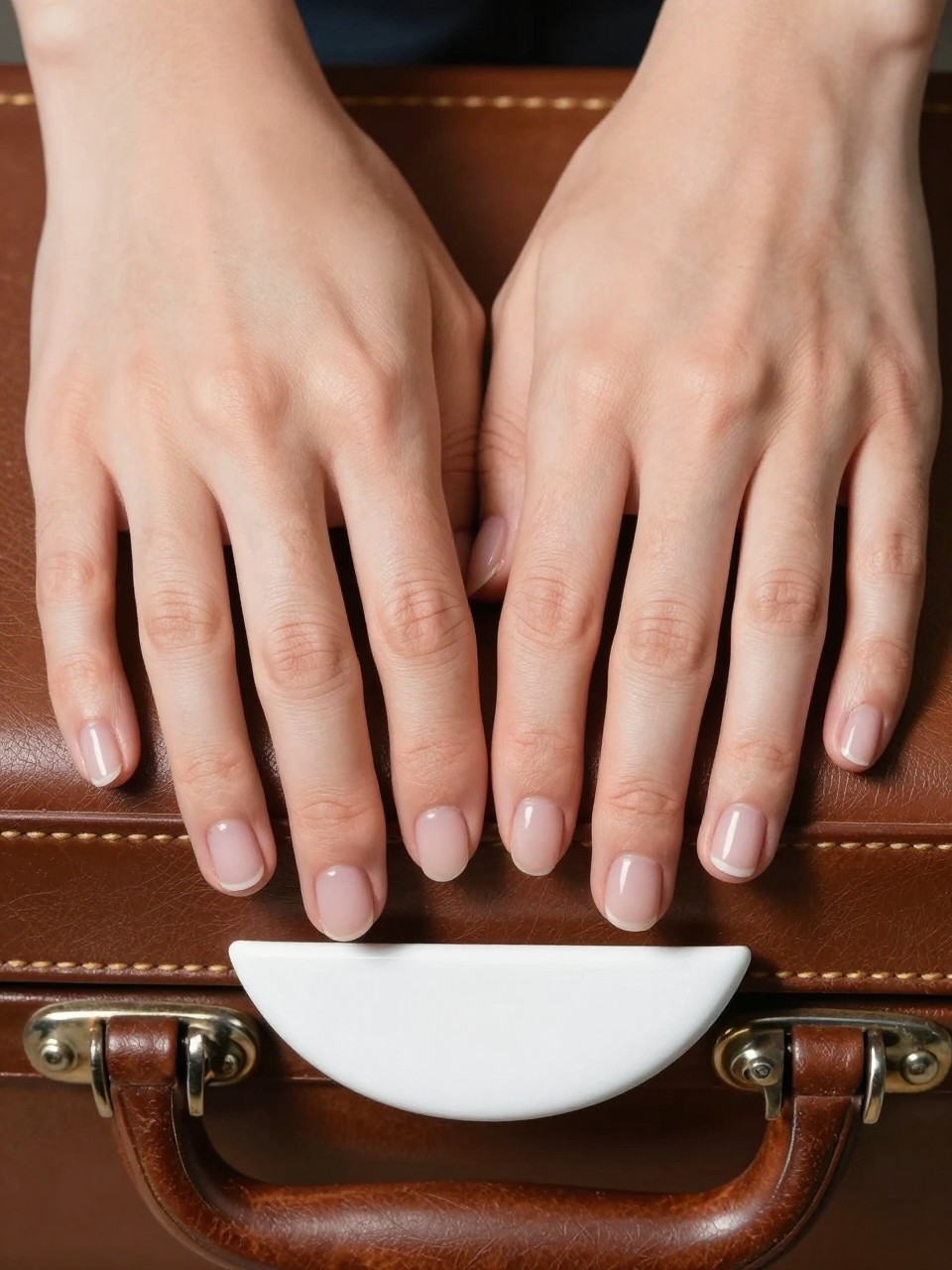  Top-down view of hands with clean, short nails on a vintage leather suitcase. The nails are natural and glossy. The half-moon area at the base is painted a crisp, opaque white. The contrast is striking in even light.