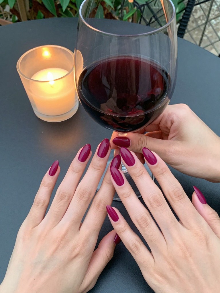  Top-down view of hands around a glass of red wine on a candlelit patio table. The nails are an almond shape in a deep, matte fuchsia. The low light enhances the rich color.