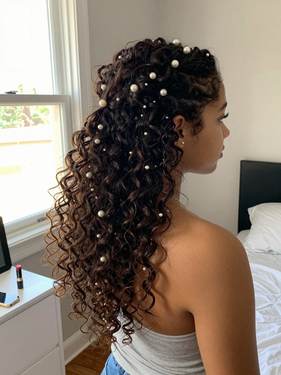 Photo of a teen american girl wearing a curly half-up with pearl pins, angled back view showing the pearl pins and cascading curls, setting: a bedroom with natural light from a window, lighting: bright, soft window light, containing a tube of lipstick on a nearby dresser, iPhone photo quality.