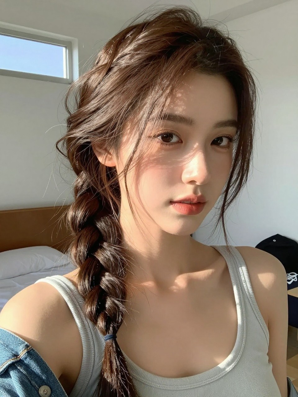 Photo of a woman wearing a messy side braid, front-facing angle showing the braid over her shoulder, setting is a sun-drenched bedroom with window light, containing a denim jacket collar visible