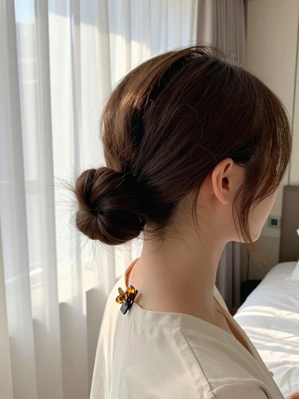 Photo of a woman wearing a low textured bun, side profile view showing the bun sitting at the nape, setting is a sun-drenched bedroom with soft morning light coming through white curtains, containing a tortoiseshell clip clipped to her blouse collar, iPhone photo quality.