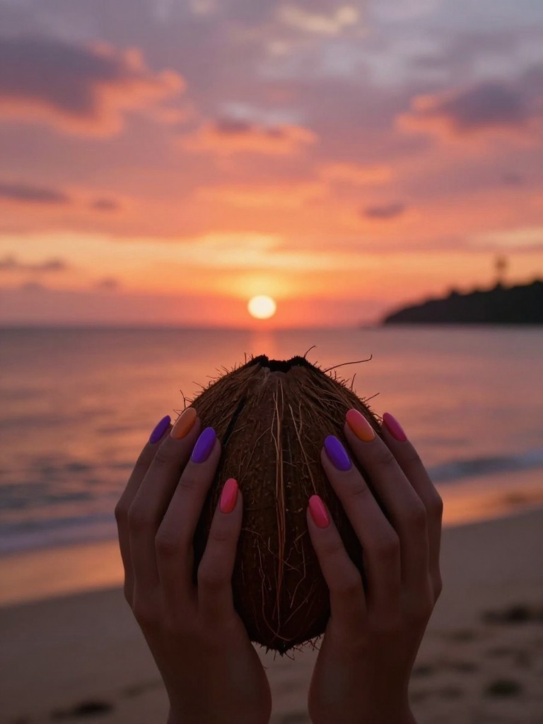 Overhead shot of hands holding a coconut, silhouetted against a vivid island sunset. The nails feature a smooth, glossy gradient from purple through pink to orange. The fading sunset light sets the colors on fire.